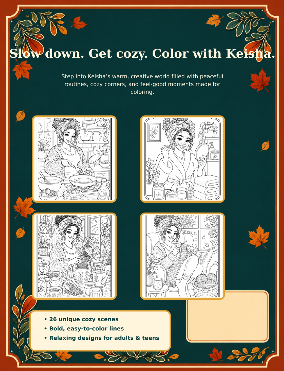 Cozy Keisha: Bold and Easy Coloring Book for Adults & Teens