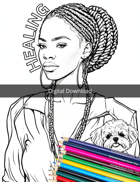 Adult Coloring page, Beautiful Black woman with dog (DOWNLOAD)